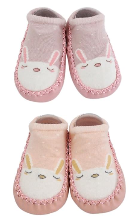 2 Paar Baby Jungen Mädchen Hausschuhe Anti-Rutsch-Schuhe Socken Bunny Cat Bear (Rosa + Pfirsich, 12-18M)