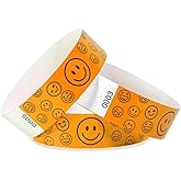 500 Pack Smiley face Paper Wristbands for Events Waterproof Wrist Bands Lightweight Festival Identification Arm Bands Neon Adhesive Event Bracelets for Party（Orange）