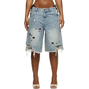 Unybwonn Women Denim Bermuda Shorts High Waisted Ripped Distressed Jorts | Wide leg cargo shorts metal circle cut-out jean jo