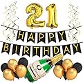 21st Birthday Party Pack â€“ Black & Gold Happy Birthday Bunting, Poms, and Swirls Pack- Birthday Decorations - 21st Birthday Party Supplies