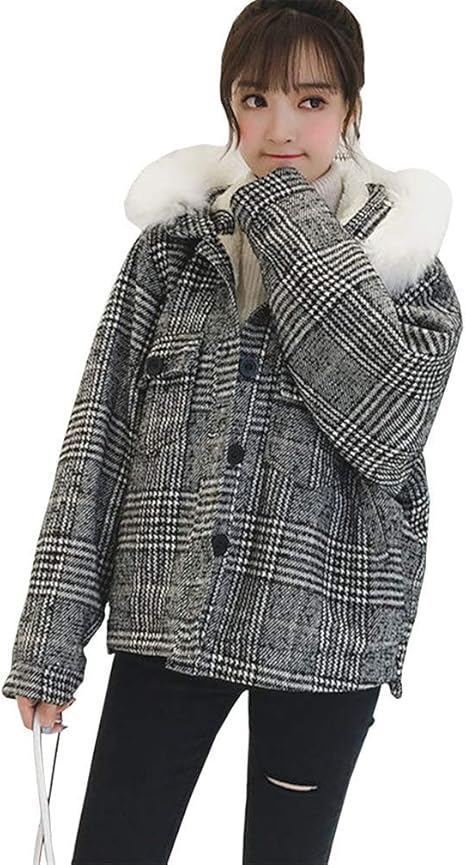 Amazon On Line 婦人服 オーバー 冬 子羊の毛 格子 オーバー 女の人 短い金 帽子をかぶる 毛深いね コート 背が低い 秋と冬 ラシャ オーバー M Xxl コート ジャケット 通販