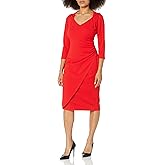 London Times Women's Dresses Sweetheart Neck Side Gather Midi Polished Chic Versatile Career Event Dress with Sleeves
