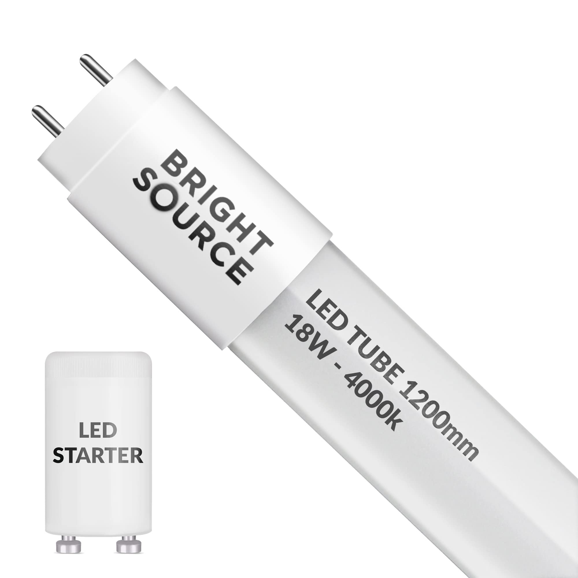 Bright Source 4ft (1199mm) 18w LED T8 Tube, 1800lm, 4000K Cool White, Replacement for 36w T8 Fluorescent, Starter Included - Direct Mains or for use with Switch Start Fitting with Magnetic Ballast