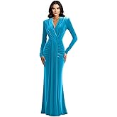 SKAKON Long Sleeve Velvet Formal Dresses for Women V Neck Tie Mermaid Empire Waist Maxi Evening Prom Gowns Evening Dress
