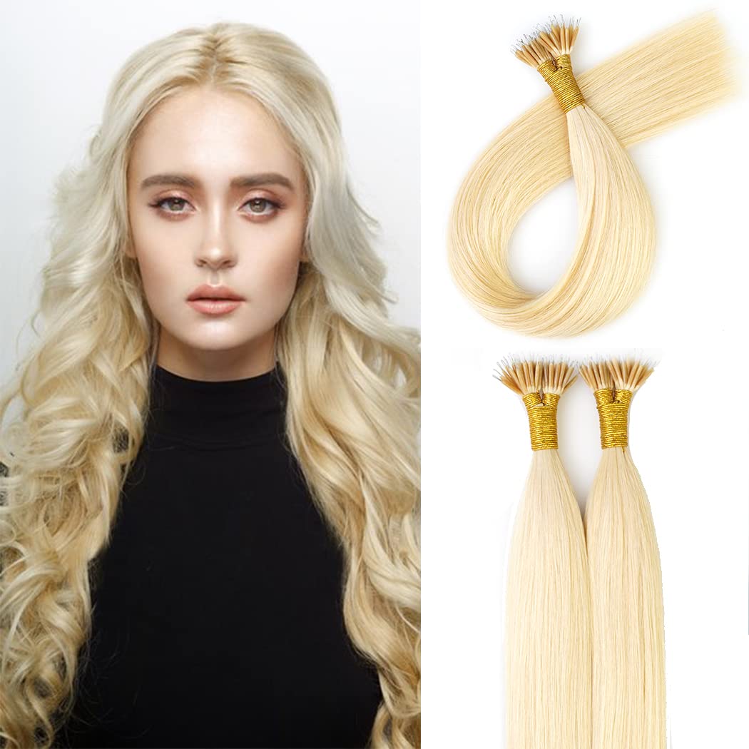 KOCONI 14 Inch Bleach Blonde Nano Rings Hair Extensions Real Human Hair Extensions Platinum Blonde #613 Double Drawn Nano Ring Hair Extension Nano Tip Beads Human Hair Extensions 50g 1g/Strand — image 1