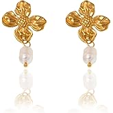 Mauexo Baroque Pearl Dangle Drop Stud Earrings Gold Flowers Earrings for Women Stainless Steel Vacation Elegant Floral Earrings