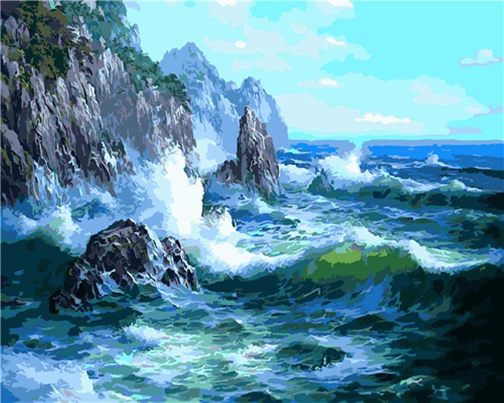 WOWDECOR Paint by Numbers Kits, DIY Oil Painting - Waves Rock Mountains Seascape 16x20 inch (Framed)