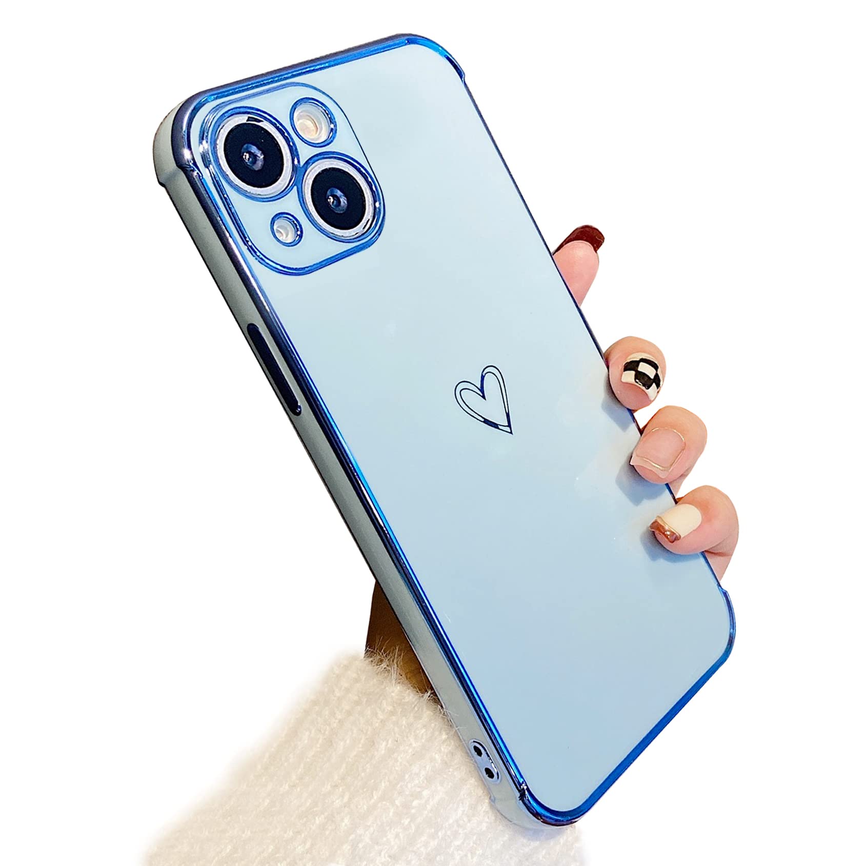 ZTOFERA Compatible with iPhone 13 Case for Girls Women, Flexible Silicone Phone Case with Cute Heart Pattern Electroplated Design Shockproof Protective Bumper Cover for iPhone 13, Sierra Blue