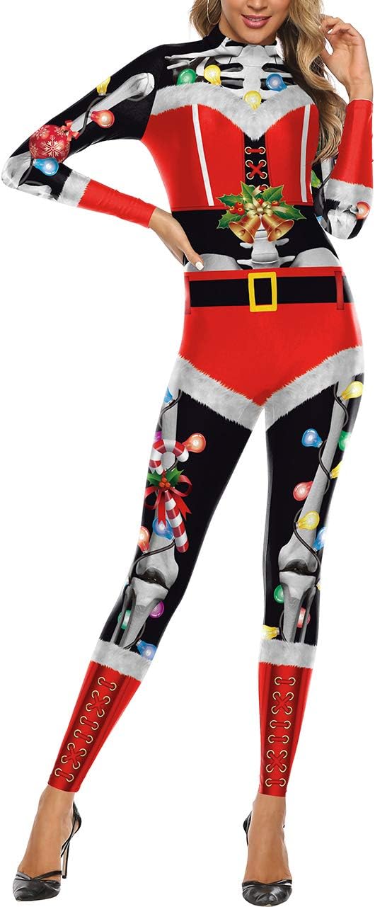 Necosthua Women Christmas Costume 3D Print Digital Stretch Skinny Xmas Cosplay Catsuit Jumpsuit Bodysuit