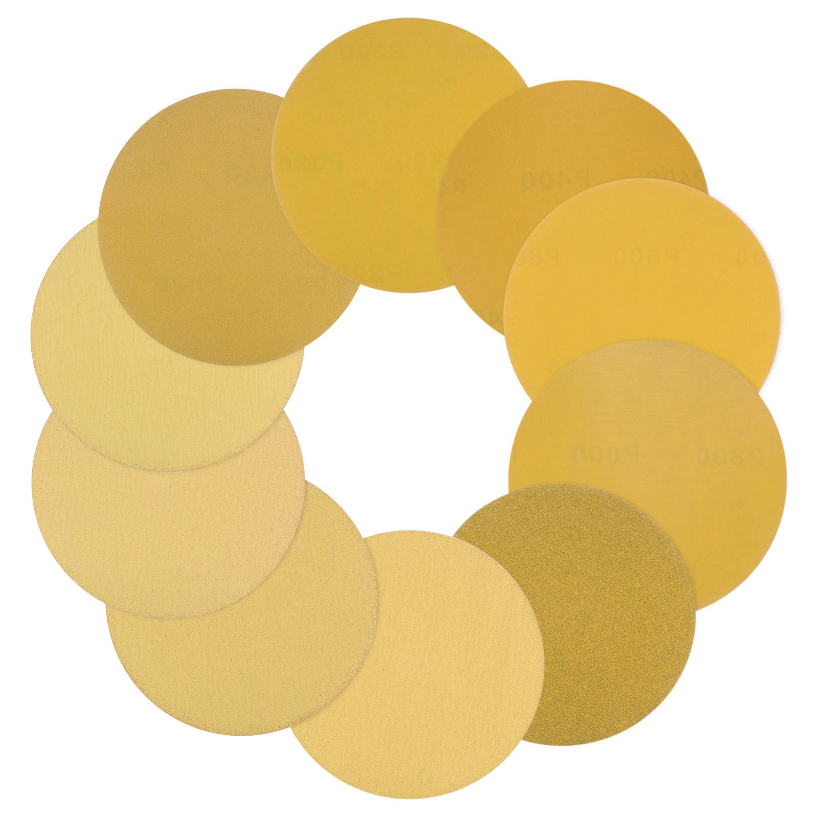 Kozelo 100pcs No Hole Sanding Discs- [ 6 Inch 60-800 Grit ] Round Hook and Loop Grip Sanding Pads Sheet Sandpaper for Automotive Metal Polishing Use| Gold, Aluminum Oxide