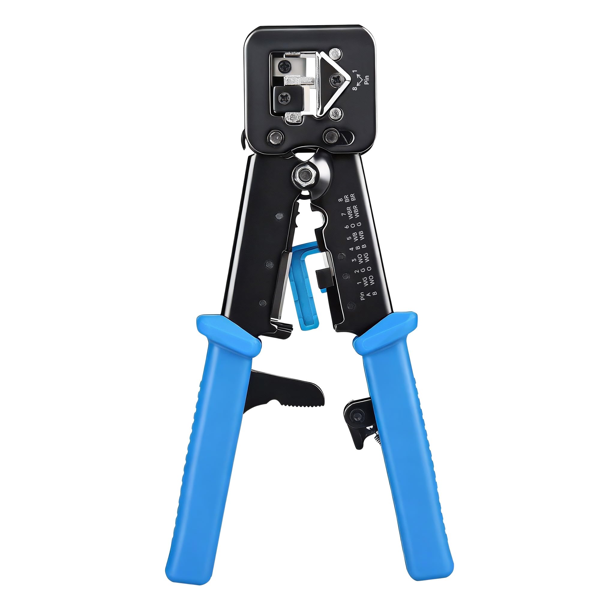 Cable Matters Modular RJ45 Crimp Tool for Pass-Through Connectors (Pass-Through Ethernet Crimper) with Built-in Wire Cutter and Stripper - 10-Pack Pass-Through Cat6 RJ45 Connectors Included