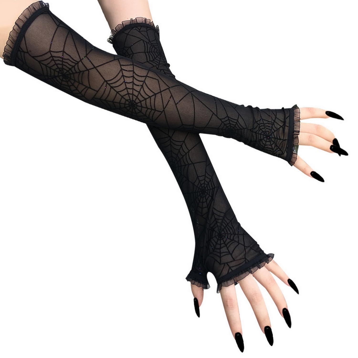 Women's Sheer Spider Web Gloves,Halloween Spider Web Lace Fingerless Gloves,Long Gloves for Cosplay Goth Costume