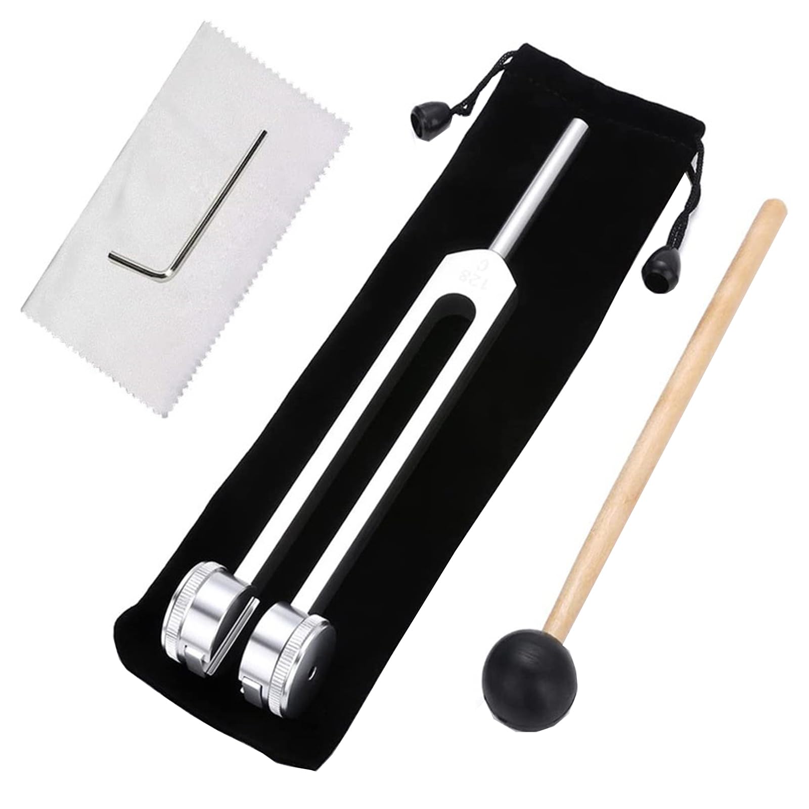 CLKE Set of 128hz Aluminium Tuning Fork, Therapeutic Tuning Fork, 128hz Therapeutic Tuning Fork with Small Key, Silicone Hammer, Flannel Bag, Silver