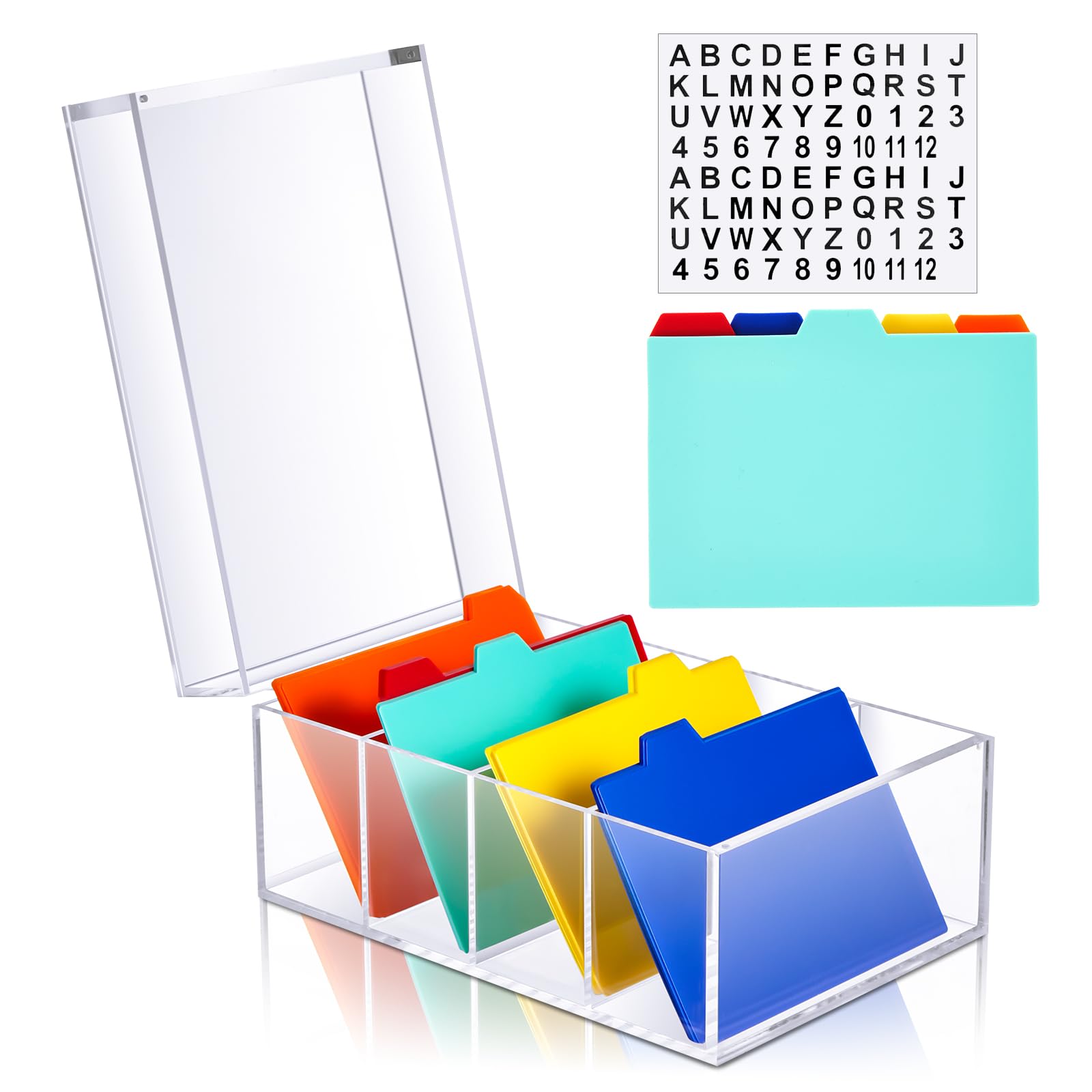 Photo 1 of Mooliwe Index Card Holder Clear Acrylic Card Organizer for Desk File Note Holders, 4 Divider Holds 600 Cards (4 x 6 Inch)