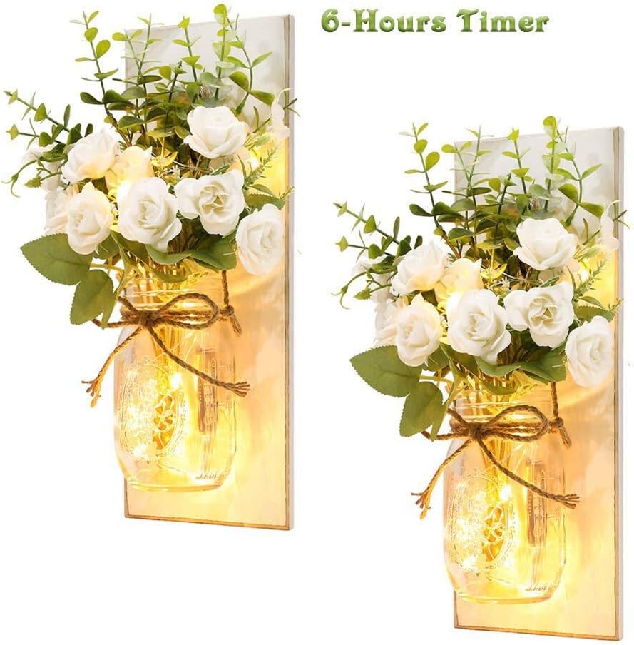 Rustic Wall Sconces Mason Jar Sconces Handmade Wall Art Hanging Design with Remote Control Lights and White Rose, Farmhouse Kitchen Decorations Wall Decor Living Room Lights (Set of 2)