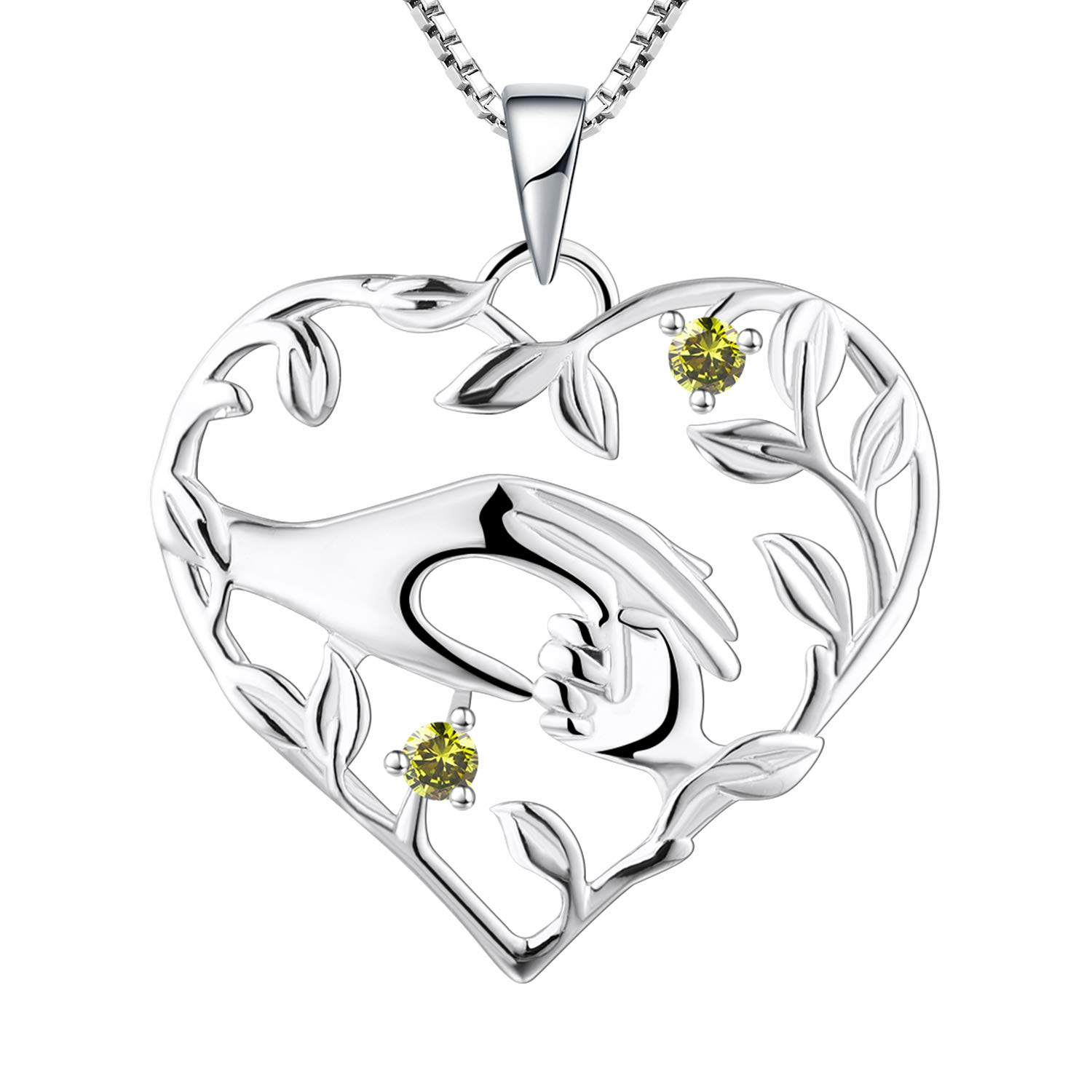 YL Mum Heart Necklace 925 Sterling Silver Mom Hold Child's Hand cut August Birthstone Peridot Green Cubic Zirconia Pendant Gifts for Mum Women — image 1