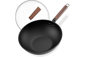 Wok Pan Nonstick, YuSailng Carbon Steel Wok with Lid - Including Glass Cover, 13''/5.6L Woks & Stir-Fry Pans for Induction, E