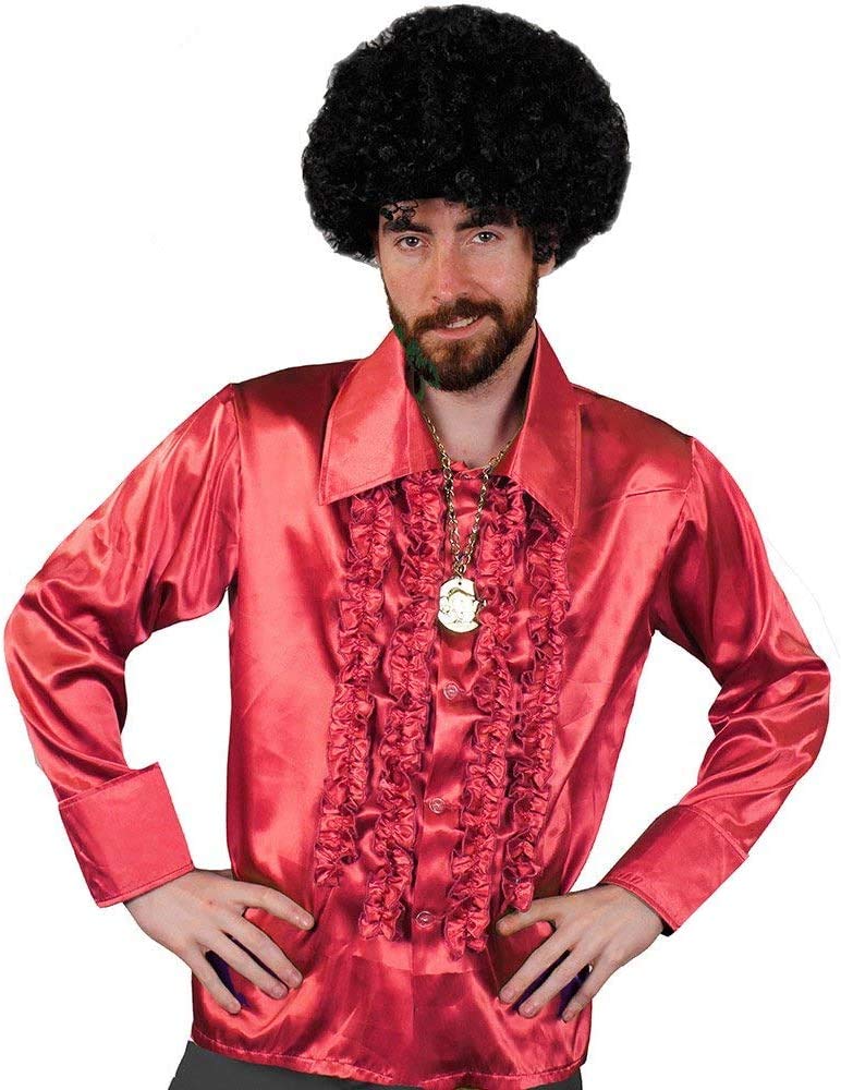 MENS 70S DISCO SHIRT FANCY DRESS COSTUME WITH FRILLS - RED NIGHT FEVER STYLE FUNKY SHIRT WITH BIG COLLAR AND CUFFS - RED 60s DISCO SHIRT IN XX-LARGE