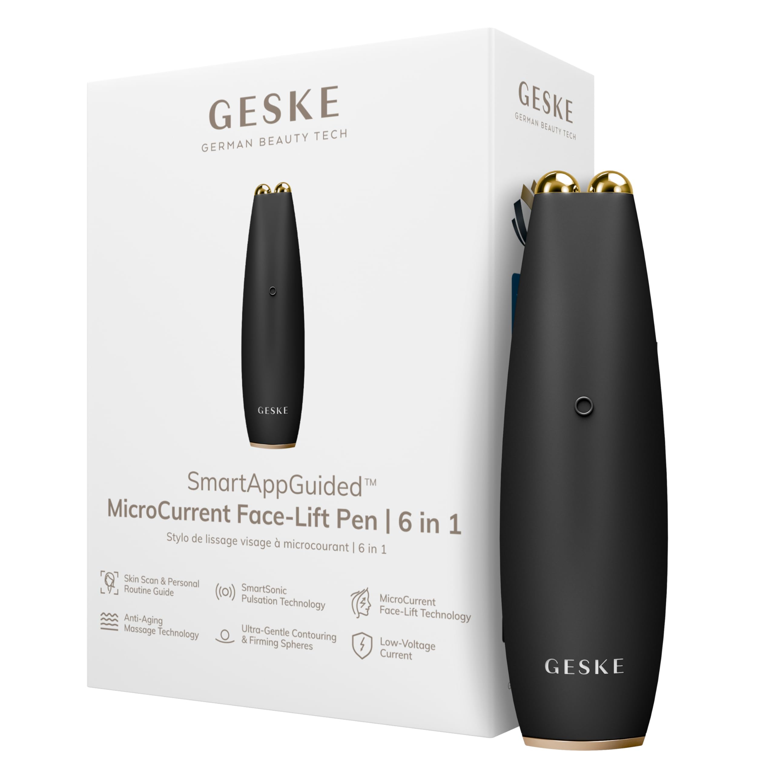 GESKE SmartAppGuided™ MicroCurrent Face-Lift Pen | 6 in 1 | Anti-aging device | Instant face lift | Skincare tool | Remove wrinkles for firm & youthful skin | Advanced smoothing facial firmer