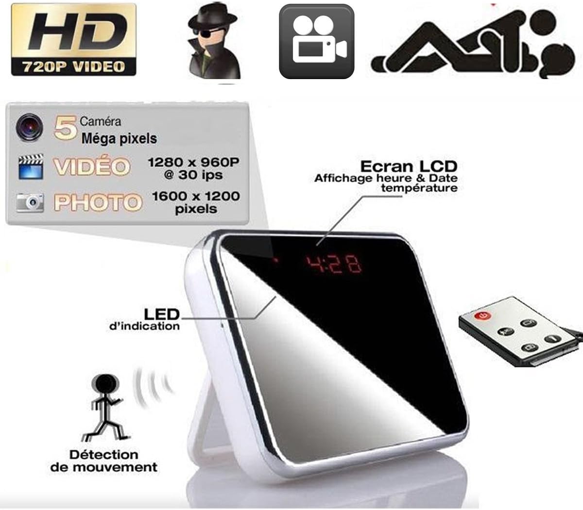 Mirror Table Clock Spy Hidden Camera DVR with Remote Control Camcorder Support 4GB 8GB 16GB 32GB Memory Card