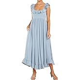 R.Vivimos Summer Dress for Women Sleeveless Boho Ruffle Square Neck Tie Back Casual Backless Flowy Midi Dress