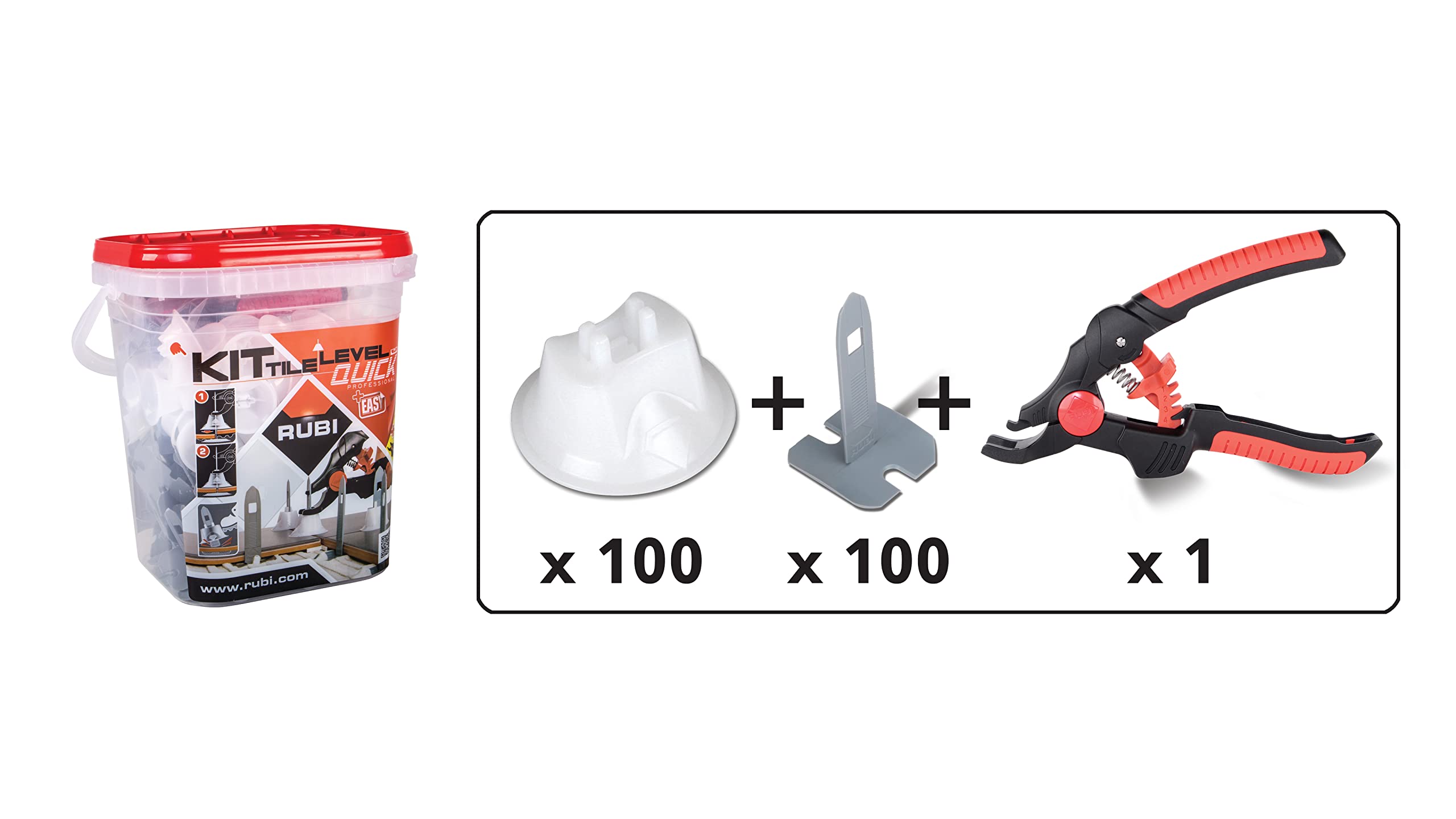 RUBI | Tile Level Quick Set Leveling System | Ideal for Laying Large-Format Tiles | Compatible with Tiles with a Thickness Between 3 and 16 mm | Set of 100 Strips + 100 Reusable caps