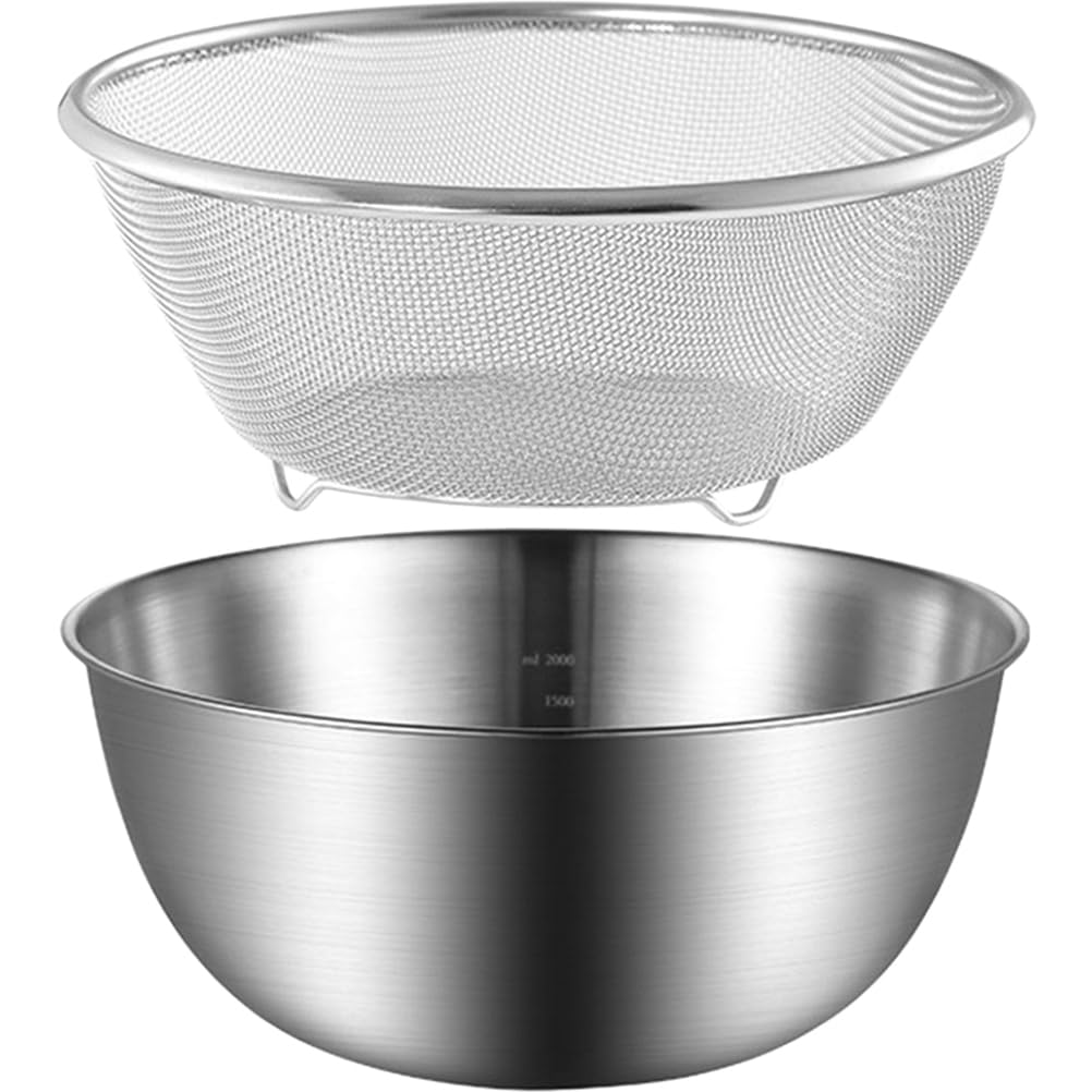 Housoutil Rice Strainer and Mixing Bowl Set 9.45In Fine Mesh Colander for Washing Vegetables Fruits and Noodles with Non-Slip Flat Bottom Drain Basket