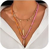 Hclian Fish Necklace for Women Handmade Beaded Y Pendant Necklace Colorful Summer Beach Boho Layering Choker Necklaces