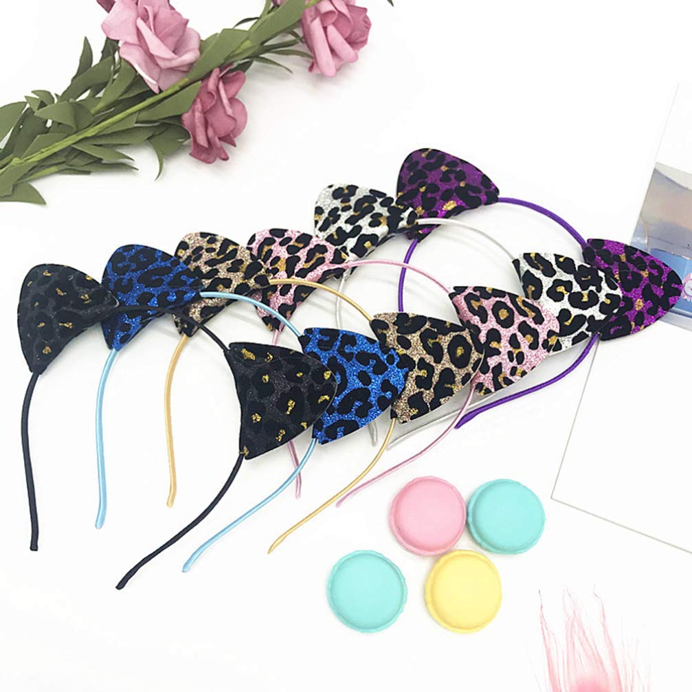 Lurrose Glitter Cat Ears Headband, 6pcs Leopard Print Cat Ears Hair Hoop, Shiny Hairbands, Cute Cosplay Hair Accessories for Daily Wearing and Party Decoration