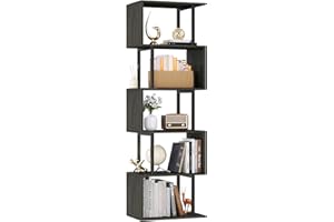 Furologee 6 Tier Bookshelf Tall Geometric Bookcase, S Shaped Industrial Display Standing Shelf, Metal and Wood Decorative Storage Room Divider Rack for Bedroom, Living Room, Office, Light Black Oak