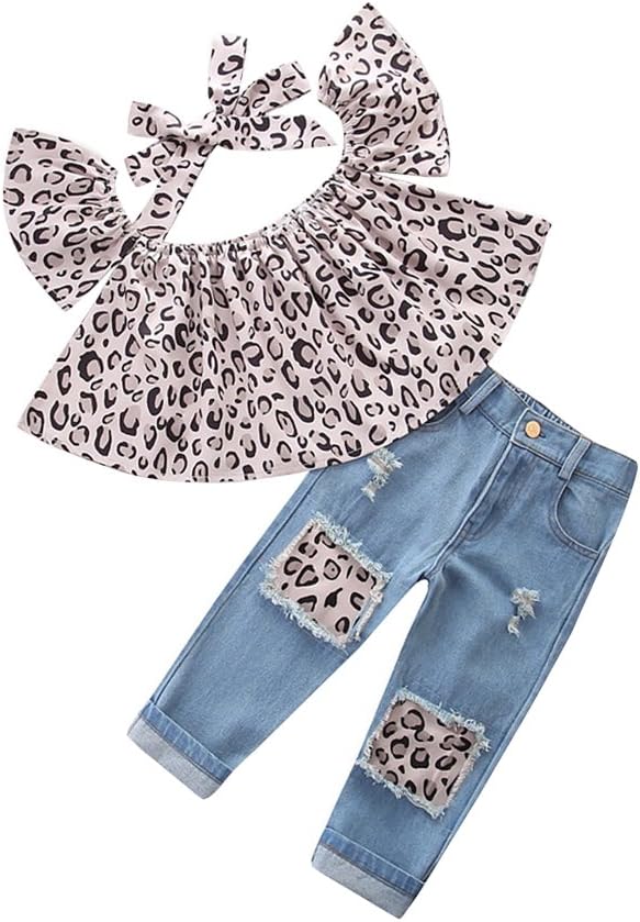 Baby Toddler Little Girls Summer Clothes Off Shoulder Crop Shirt Tops Ripped Jeans Pants 3Pcs Outfits Set with Headband