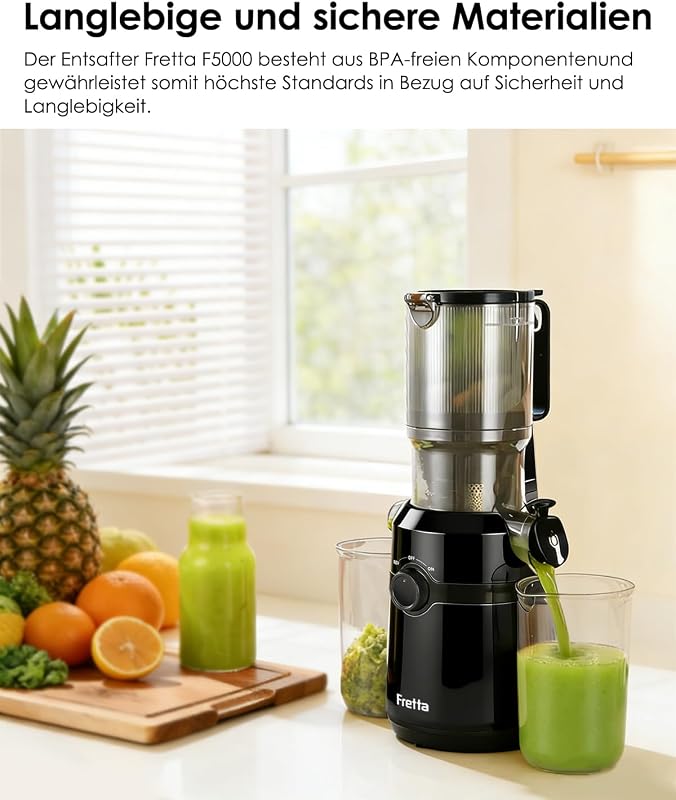 Entsafter,Slow Juicer mit Größere Fütterungsröhre, für ganze Gemüse und Obst,BPA-frei Tritan-Material Entsafter,Einfacher Installation,Einfache Reinigung (Rauchschwarz, 1L)
