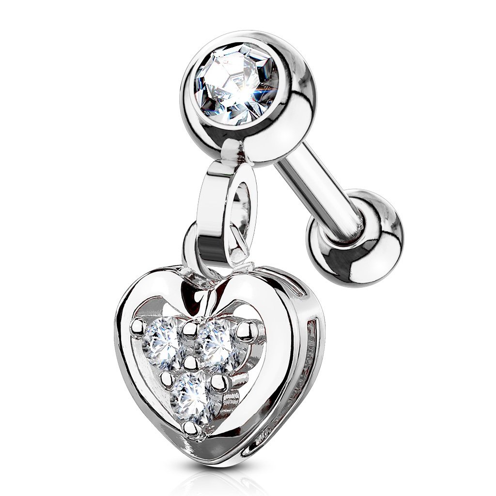 PiercedOff 316L Surgical Steel Heart Dangle Cartilage Barbell Stud with Clear CZ Gems - Thickness 16GA (1.2mm) / Length : 6mm / Ball Size 3mm/ Heart Size 6.5mm