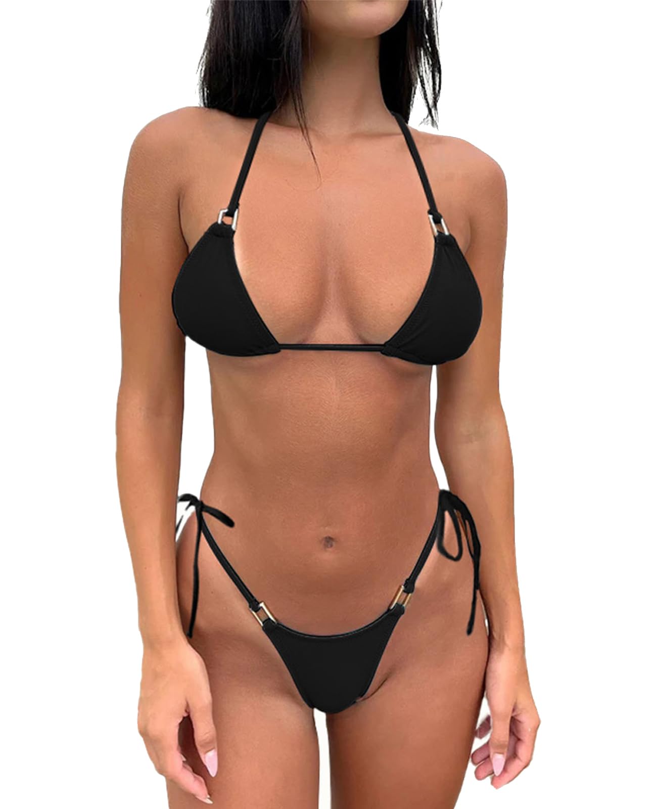 Photo 1 of S----Thong Bikini Set Women Halter String Bikini Cheeky Sexy Two Piece Swimsuit Adjustable Bathing Suit (Black, Small)