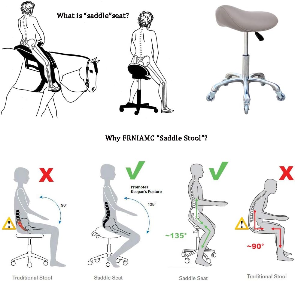 FRNIAMC Ergonomic Saddle Stool with Wheels, Comfort Saddle seat in White Height Adjustable 360 Swivel Rolling for Hair Salon Tattoo Esthetic Kitchen Dental Lab Home Office… (BLACK): Office Products