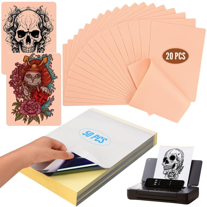 70Pcs Tattoo Practice Skin Kit, Including 50 Tattoo Transfer Sheets and 20 Pieces Tattoos Practice Skin, Suitable for Beginners to Practicing Tattoos (7.5 * 5.8/11.6 * 8.2 IN)