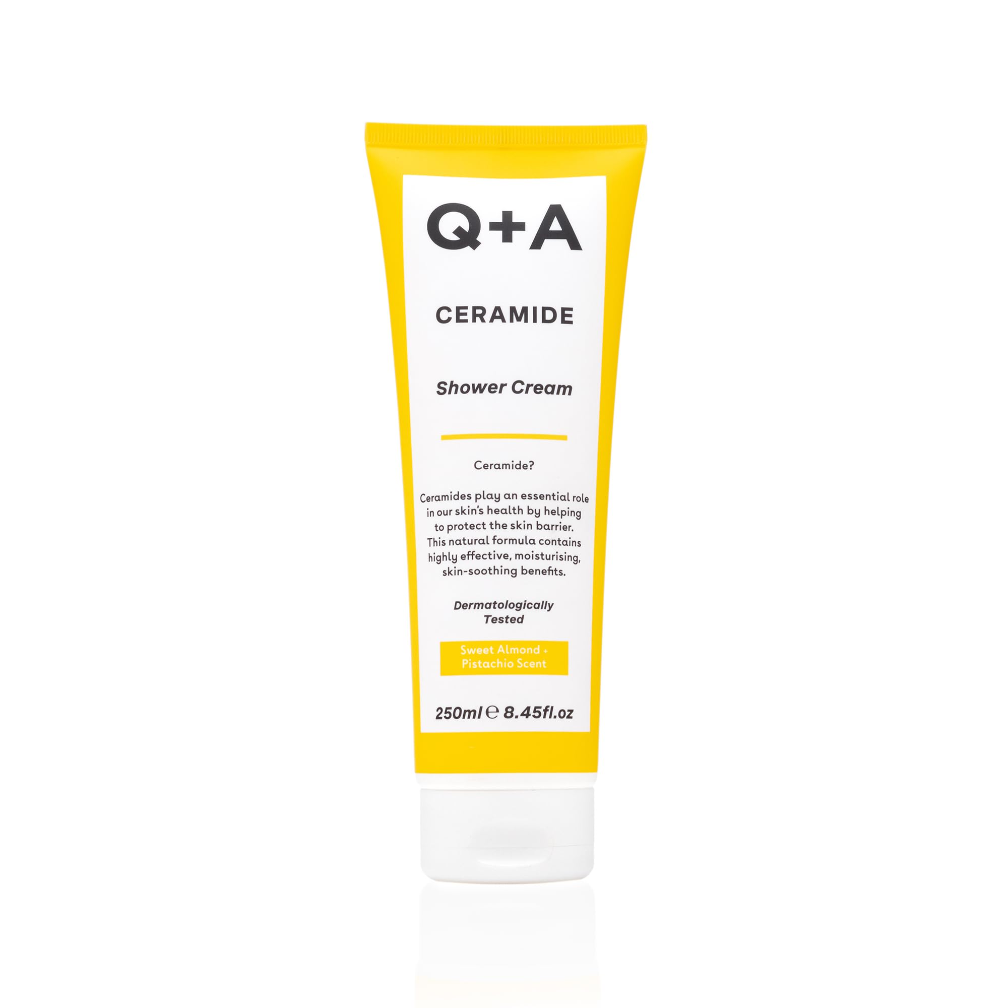 Q+A Ceramide Shower Cream, provides a gentle cleanse, deeply nourishing the skin with a rich and creamy formula of Squalane, Jojoba Seed Oil, and a sustainable Ceramide Extract from pineapples, 250ml
