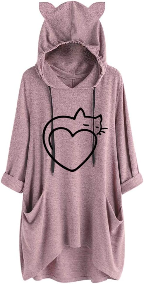 Malleable Women Casual Print Cat Ear Hooded Long Sleeves Pocket Irregular Top Blouse Shirt Cute Lazy Solid Sweatshirt