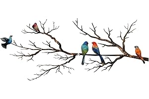 ESTART Metal Birds Wall Art, Metal Vivid Birds on Branch Silhouette Wall Decor Black Leaves with Bird Outdoor Hanging Wall Sc