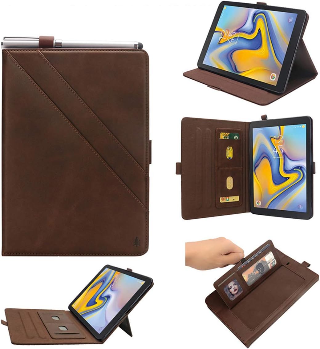 Lrker Double Prop Stand PU Leather Case for Samsung Galaxy Tab A 8.0 8.0" 2018 SM-T387, Cash Wallet Card Slot Pen Holder Auto Sleep/Wake Water-Safe Smart Full Cover Brown, Not for T380 T385 2017