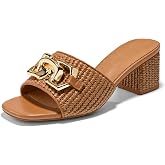 GotSoft Women's Raffia Slide Sandals Square Toe Heeled Metal Chain Shoes | Open Toe Sandal Slip on Mules Chunky Block Heels Casual Summer Beach Dressy Shoes for Women