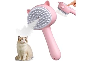 KALAMANDA Cat Steam Brush for Shedding, 4 in 1 Steamy Cat Brush with Handle, Rubber Pet Misting Brush with Release Button, Mist Dog Comb with Cleanser for Indoor Kittens Small Animals(Pink)
