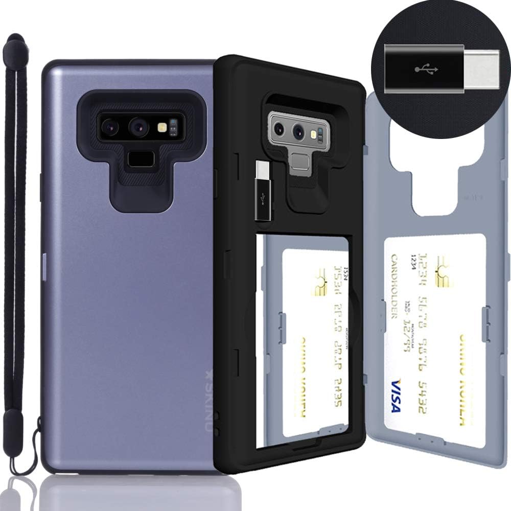 Galaxy Note 9 Case, SKINU [Note 9 Wallet Strap] Note 9 Charger Dual Layer Hidden Credit Holder Card Case with Wrist Strap Inner USB Type C Adapter and Mirror for Galaxy Note 9 (2018) - Orchid Gray
