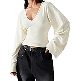 LOFAAC Women Sexy V Neck Cinched Waist Pullover Tee Tops Slim Fit Bell Sleeve Minimalist Ruched Going Out Blouse Shirts