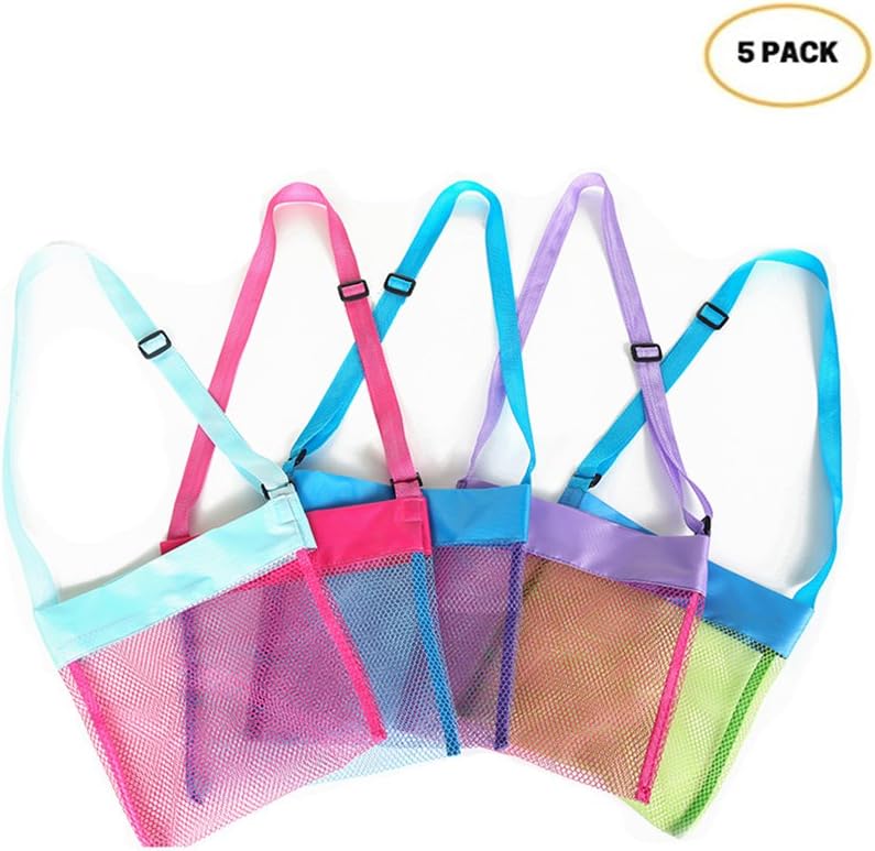 E-FirstFeeling Shell Bags 10" x 10" Mesh Beach Bags Breathable Sea Shell Bags with Adjustable Strap for Children-Set of 5
