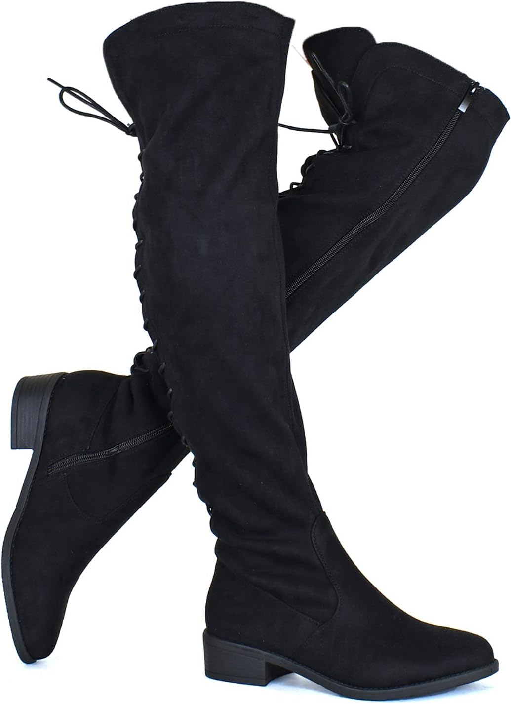 Guilty Heart Womens Comfy Over The Knee Low Heel Faux Suede Boots - Above The Knee Vegan Stretchy Tied Back Boots Shoes