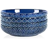 Sureasy 9.7" Pasta Bowls Set of 4-42 oz Large Salad Bowls for Kitchen, Embossed Ceramic Serving Bowls for Fruits, Soup, Pasta and Salad, Microwave & Dishwasher Safe, Blue