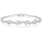 Crysdue Cubic Zirconia Simulated Pearl Bridal Wedding Leaf Filigree Tennis Bracelet for Brides Bridesmaid Birthday Mothers Christmas Valentines Day Jewelry Gifts for Women