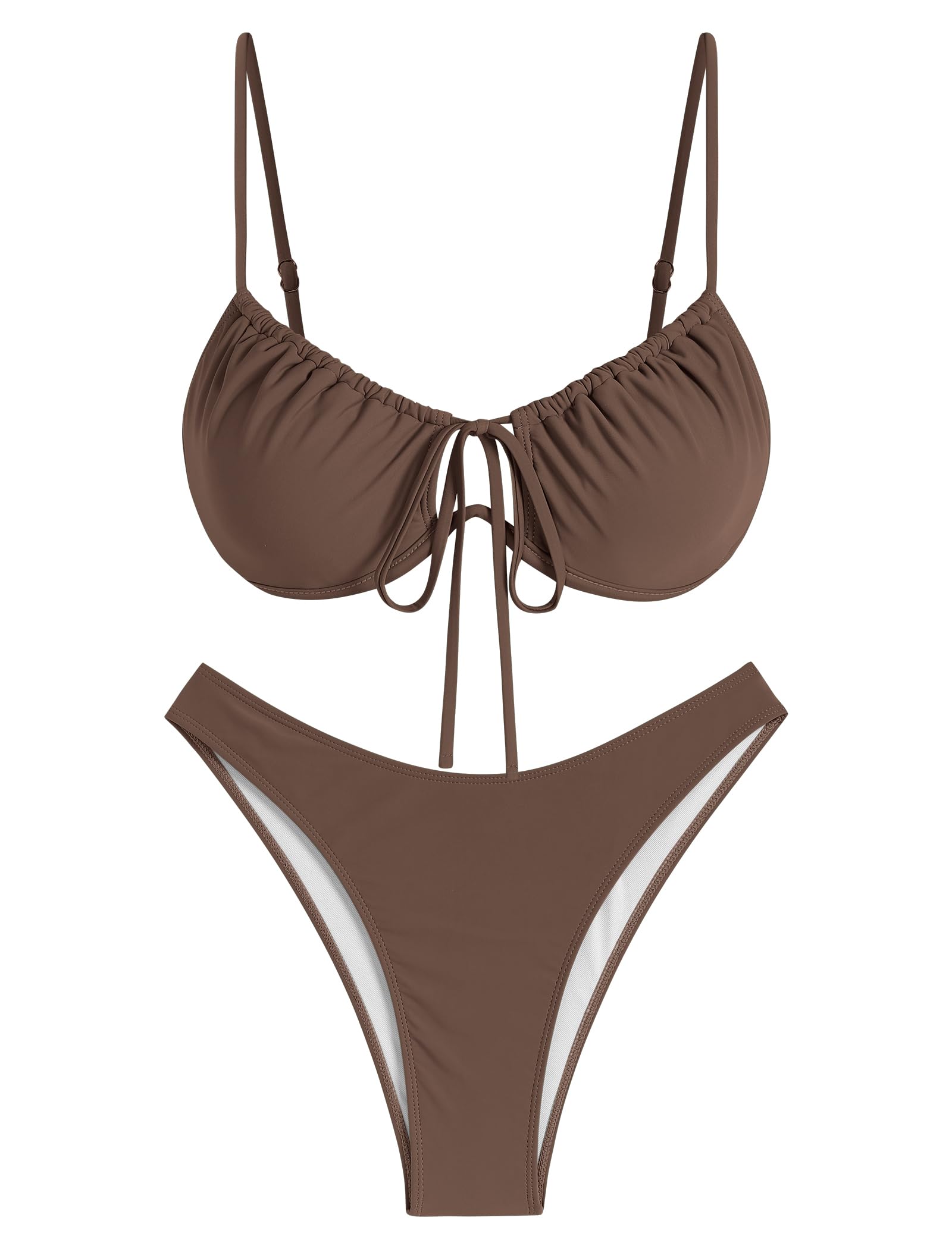 ZAFUL Women High Cut Brown Bikini Sets Thong String Sexy Swimsuit Two Piece Push Up Underwire Bathing Suit Teen Girl Brazilian Cheeky Cut Out Lace Up Retro Cute Swimwear Coffee L - Image 5