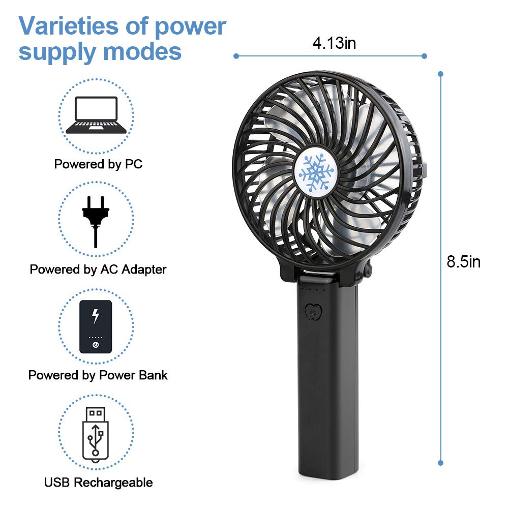 SENWOW Portable Handheld Fans, Mini Electric Fan USB Desk Fan Rechargeable Battery Powered Fan with Night Light for Home, Office, Camping and Travel (Black)